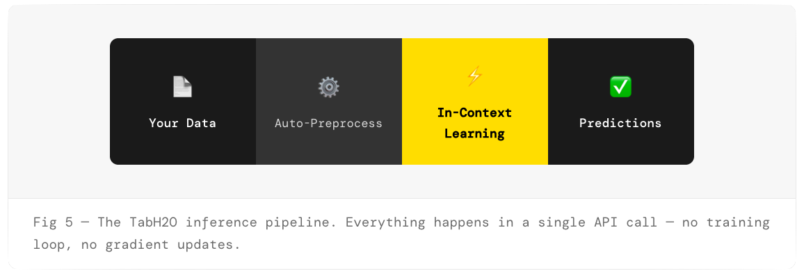 Fig 5 — The TabH2O inference pipeline. Everything happens in a single API call — no training loop, no gradient updates.