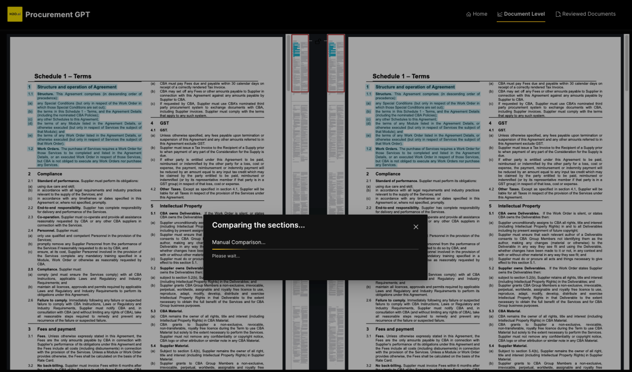 A gif of procurement GPT, the user is manually selecting sections
