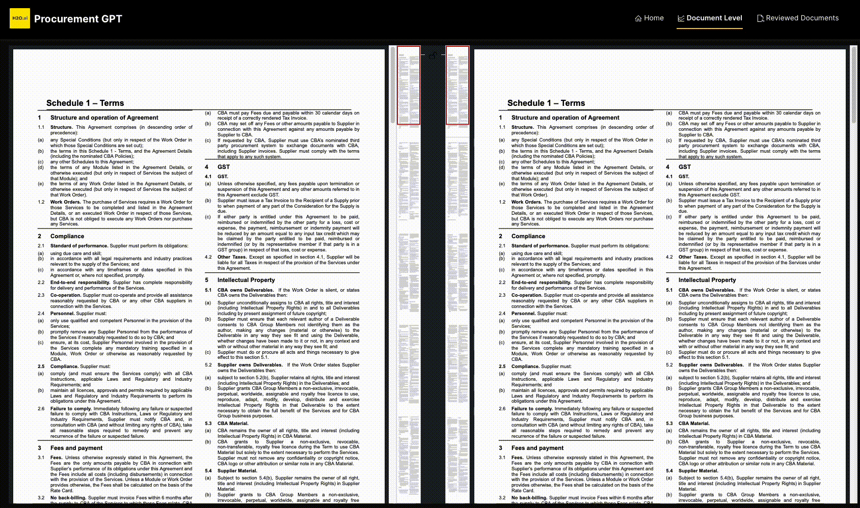 A gif of procurement GPT, the user is selecting parts of one document that meet preselected requirements