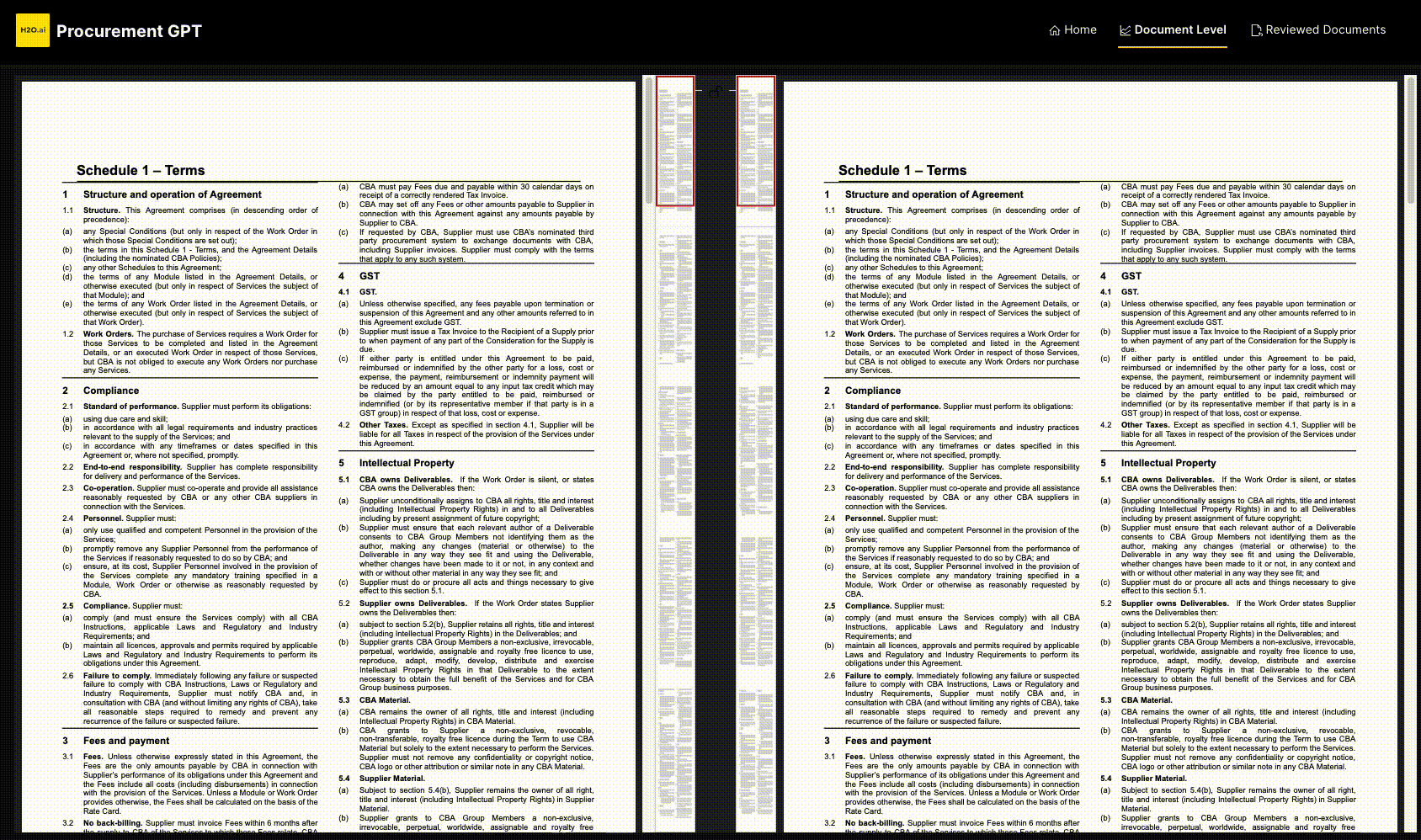 A gif of procurement GPT finding similar sections of two separate documents