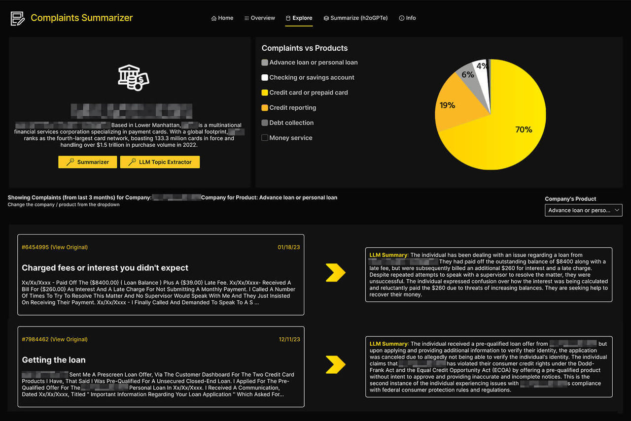 An image depicting H2O's complaint summarizer UI