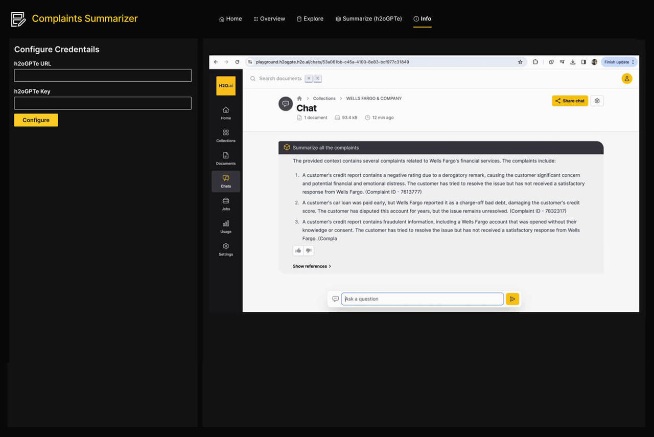 An image depicting H2O's Complaint Summarizer tool