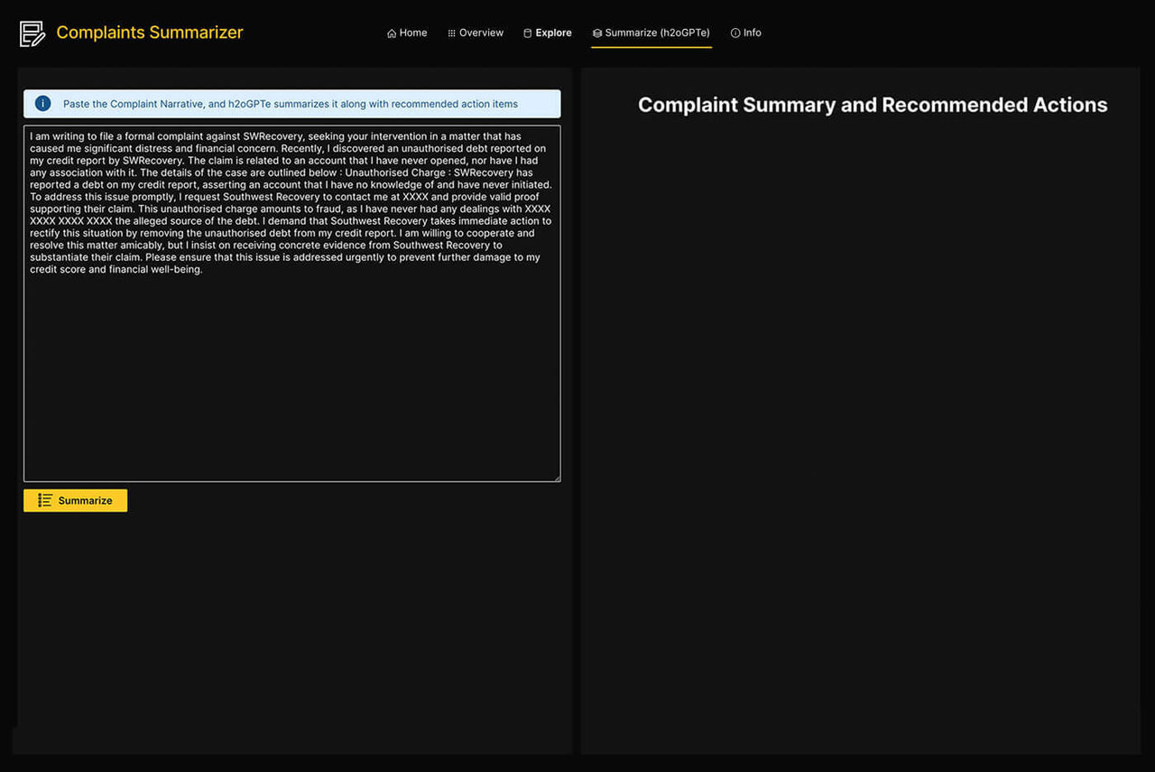 An image depicting H2O's Complaint Summarizer tool