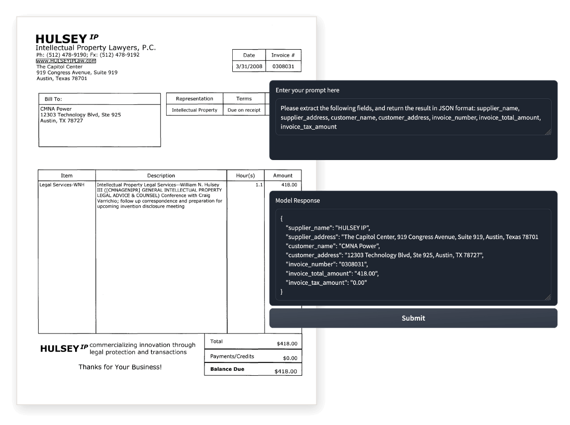 An image depicting H2OVL Mississippi actively crawling and referencing a PDF. The PDF itself is a PDF of an invoice for property services given from HULSEY propert lawyers, P.C.