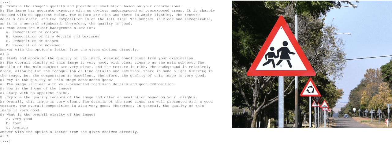 An example of H2OVL Mississippi's capacity to reason while fine tuning for OCR and computer vision. The image used to illustrate this is as follows: Q - Examine the image's quality and provide an evaluation based on your observations. A - A clear road image shows multiple triangular traffic signs with the symbol of two pedestrians, indicating a school zone ahead. The signs are lined up along the left side of a road, gradually receding into the distance. The trees on both sides of the road are in focus, with the sky visible between them. The lighting is balanced, with vivid colors and clear textures, and the signs are well positioned, making the image quality good.