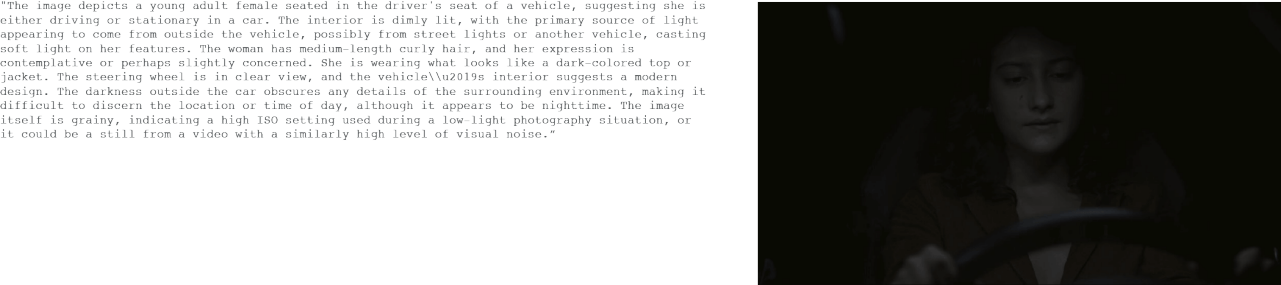 This image illustrates H2OVL Mississippi series ability to describe and caption images. The image itself shows a young adult woman seated in the driver's seat of a car. The light source, possibly from streetlights or another vehicle, softly illuminates her face. The woman has medium-length curly hair, and her expression appears contemplative or slightly concerned. Her hands are visible on the steering wheel, suggesting she might be driving or sitting stationary inside the vehicle. The interior of the car is dark, emphasizing her thoughtful expression.