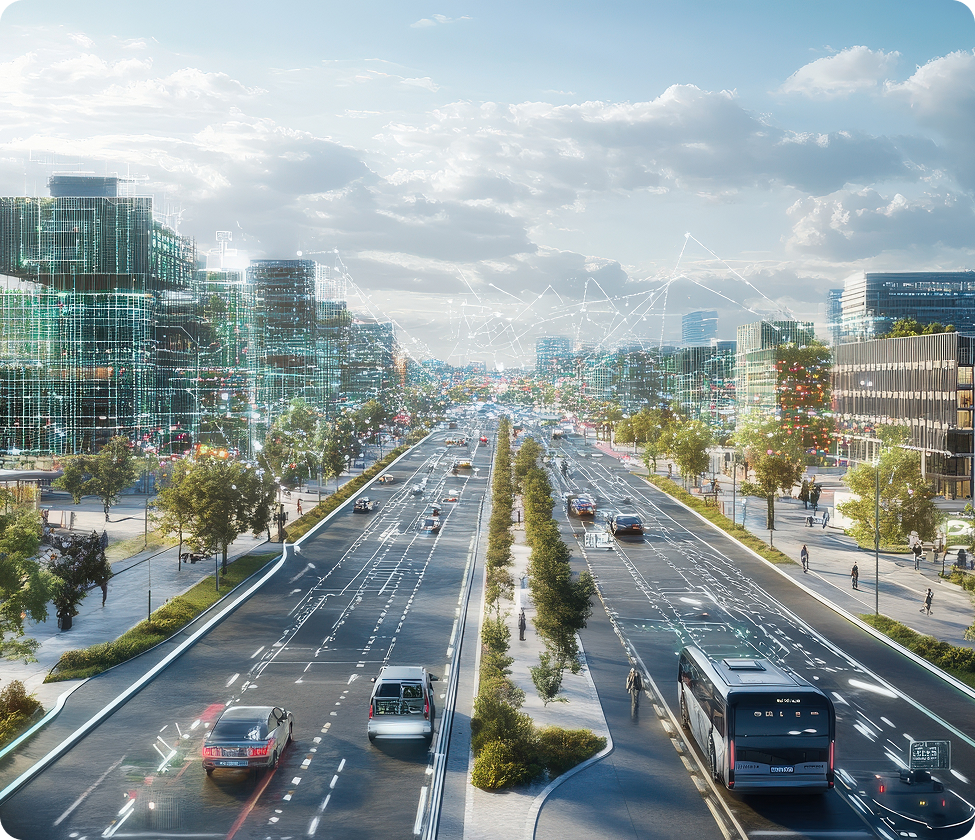 Aerial view of busy traffic city street